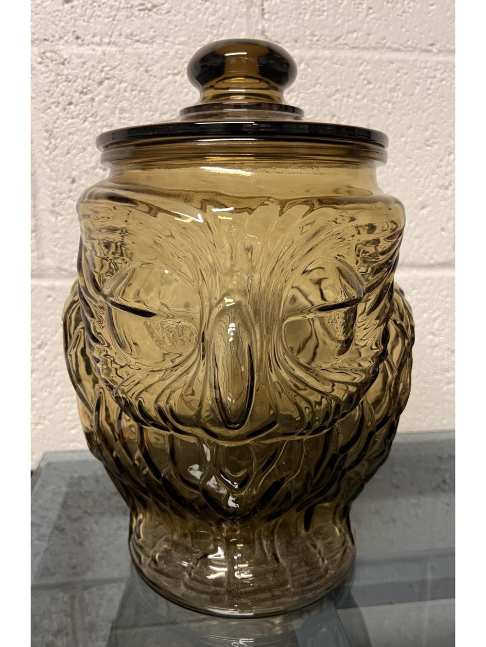Vintage Amber Glass Owl Cookie Jar with Lid 13" Tall Wise Owl Canister